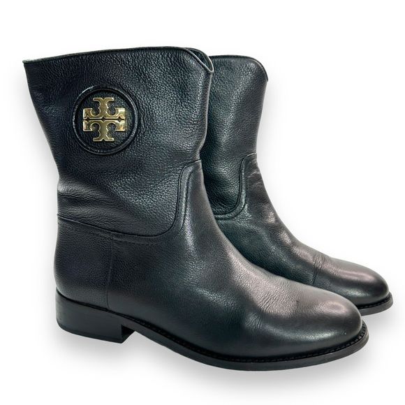 Tory Burch Boots Size 7 M Black Leather Gold Logo Hallie Mid Shaft Short Riding - Picture 1 of 13
